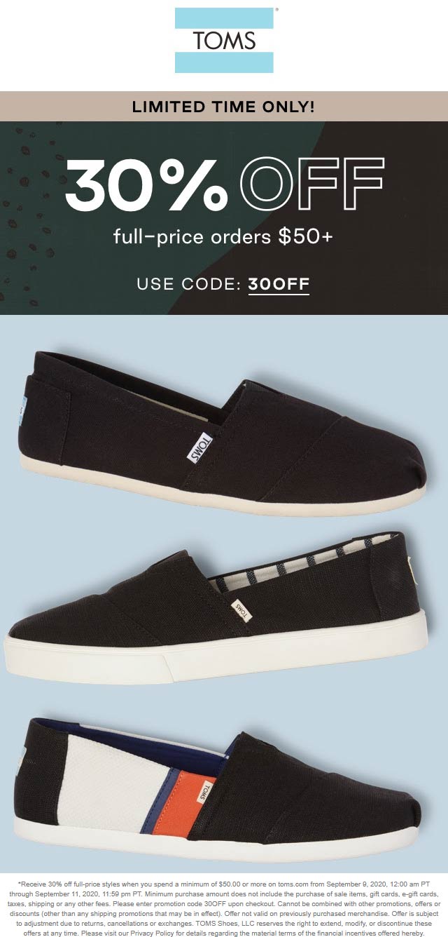 30 off 50 at TOMS Shoes via promo code 30OFF toms The Coupons App®