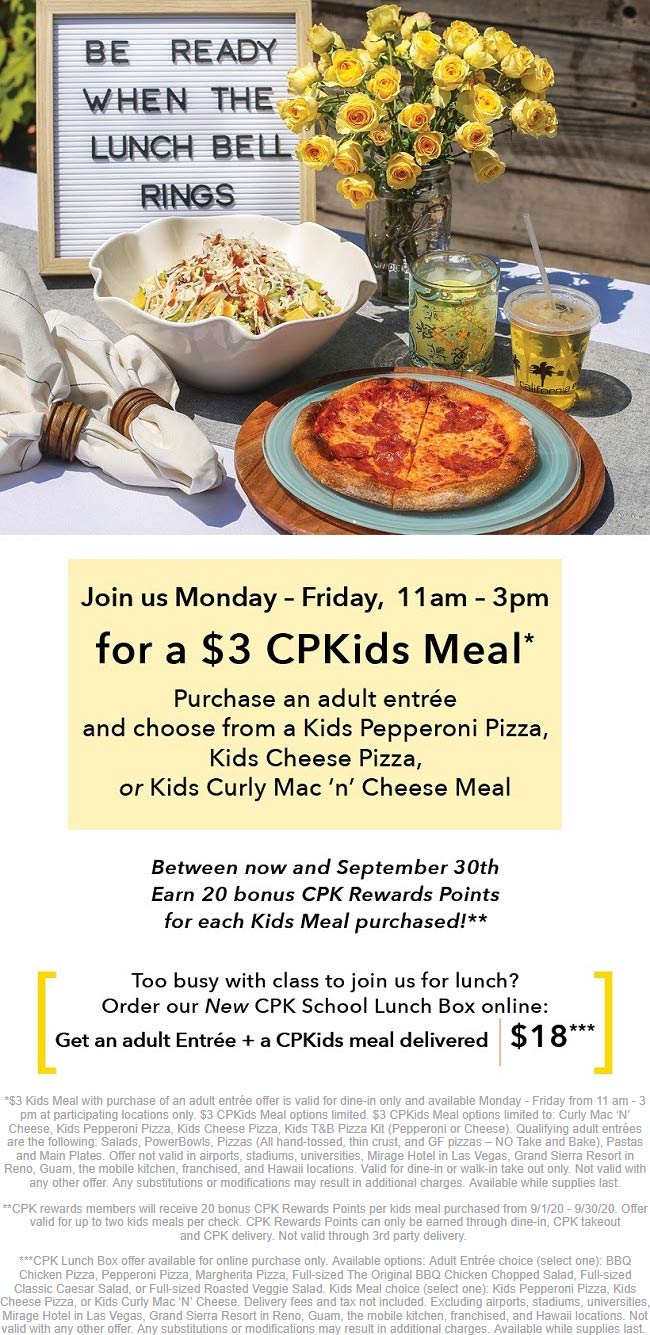 California Pizza Kitchen restaurants Coupon  $3 kids meals & more weekdays 11-3p at California Pizza Kitchen #californiapizzakitchen 