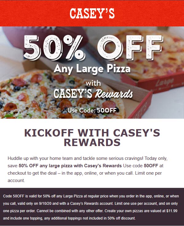 Caseys restaurants Coupon  50% off large pizza today at Caseys via promo code 50OFF #caseys 