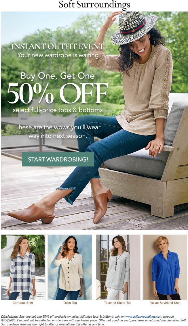 Soft Surroundings stores Coupon  Second top or bottom 50% off at Soft Surroundings #softsurroundings 