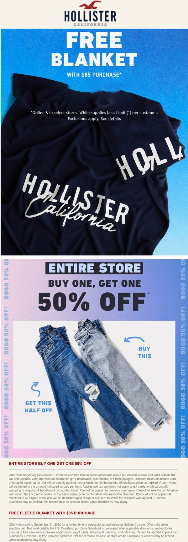 Hollister stores Coupon  Free blanket on $85 + second item 50% off at Hollister #hollister 