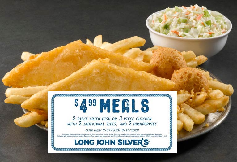 Long John Silvers restaurants Coupon  2pc fish or 3pc chicken + 2 sides + 2 hushpuppies = $5 at Long John Silvers #longjohnsilvers 