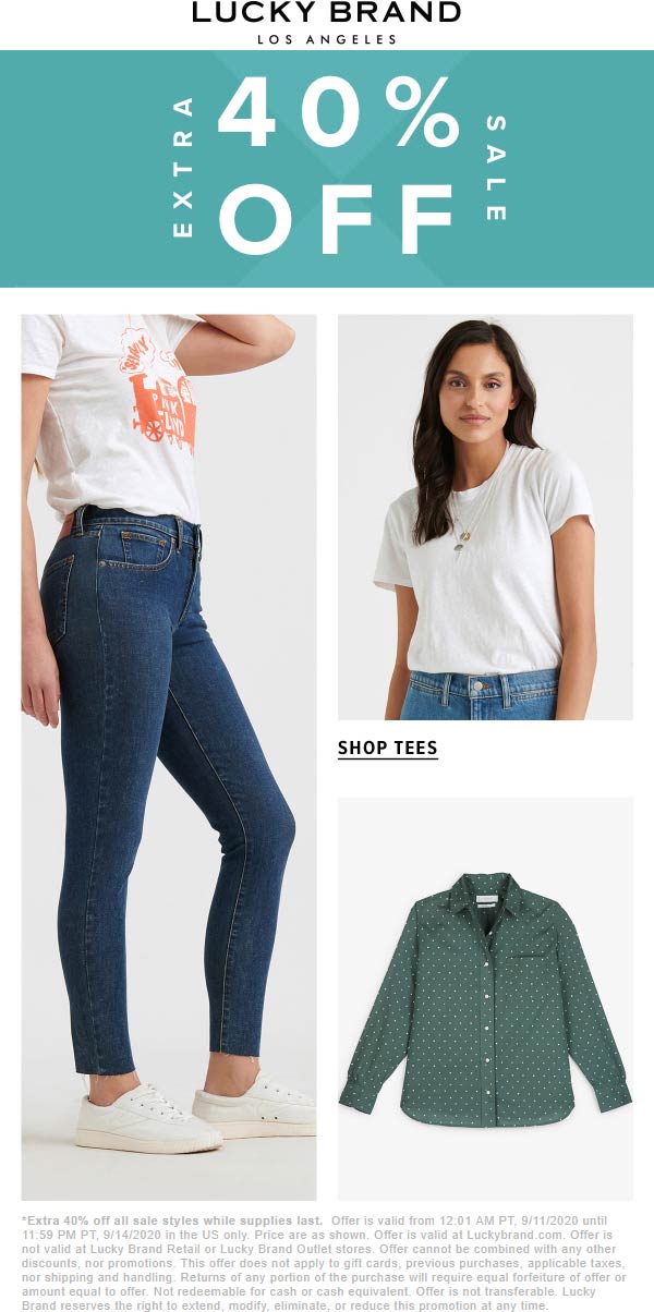 Lucky Brand stores Coupon  Extra 40% off sale items online at Lucky Brand #luckybrand 