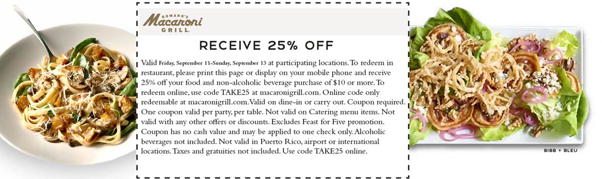 Macaroni Grill restaurants Coupon  25% off at Macaroni Grill restaurants or online via promo code TAKE25 #macaronigrill 