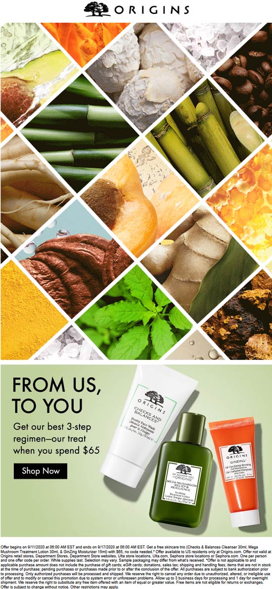 Origins stores Coupon  3pc cleanser lotion & moisturizer regimen free with $65 spent at Origins #origins 