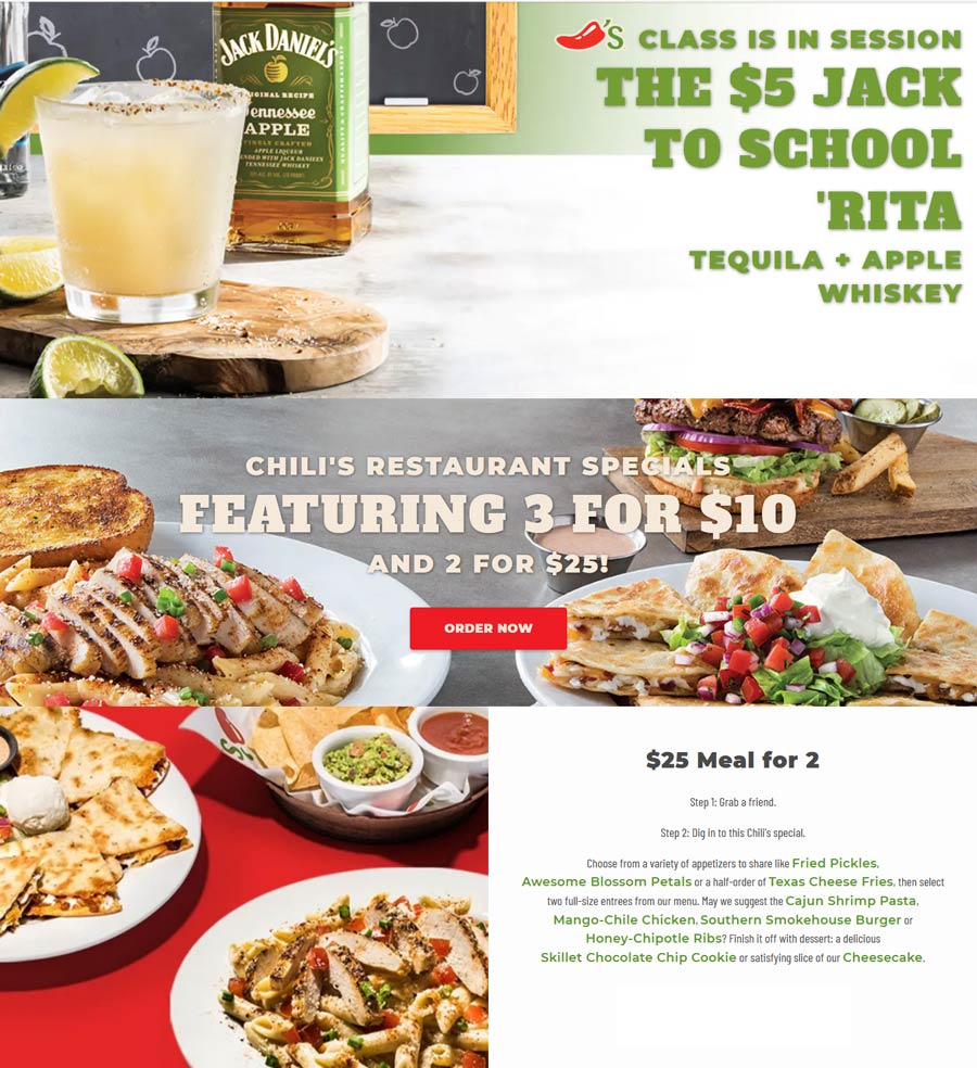 Chilis restaurants Coupon  $5 Jack to school margarita, 3 for $10 meal & more at Chilis #chilis 