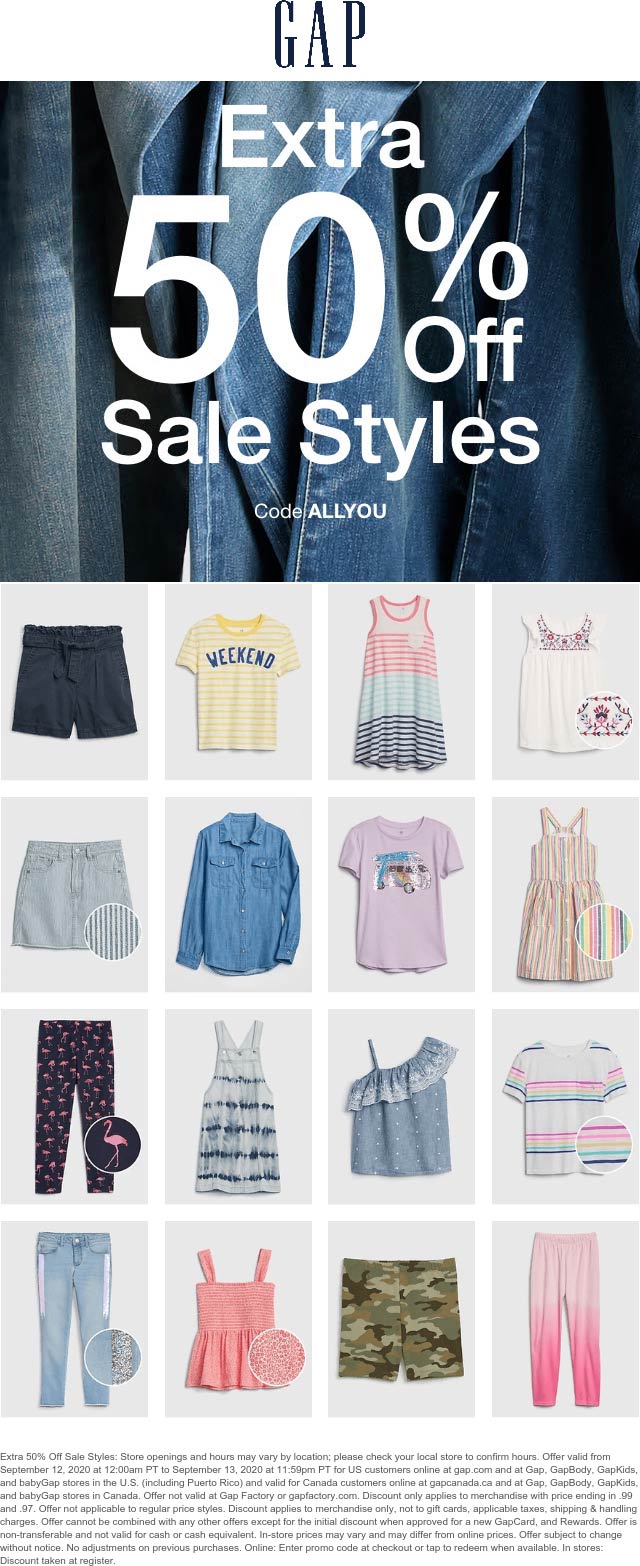 Gap stores Coupon  Extra 50% off sale styles today at Gap, GapBody, GapKids & babyGap, ditto online #gap 