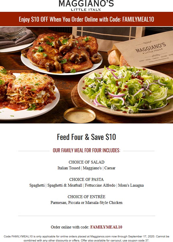Maggianos Little Italy restaurants Coupon  $10 off family meal for 4 at Maggianos Little Italy via promo code FAMILYMEAL10 #maggianoslittleitaly 