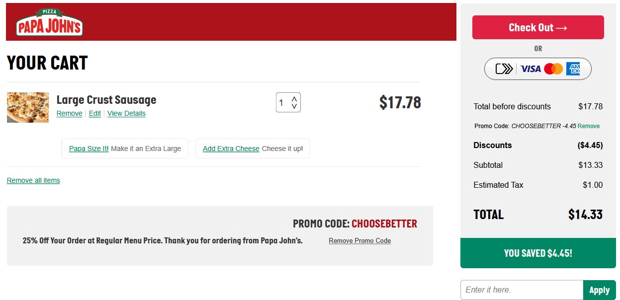Papa Johns restaurants Coupon  25% off at Papa Johns pizza via promo code CHOOSEBETTER #papajohns 