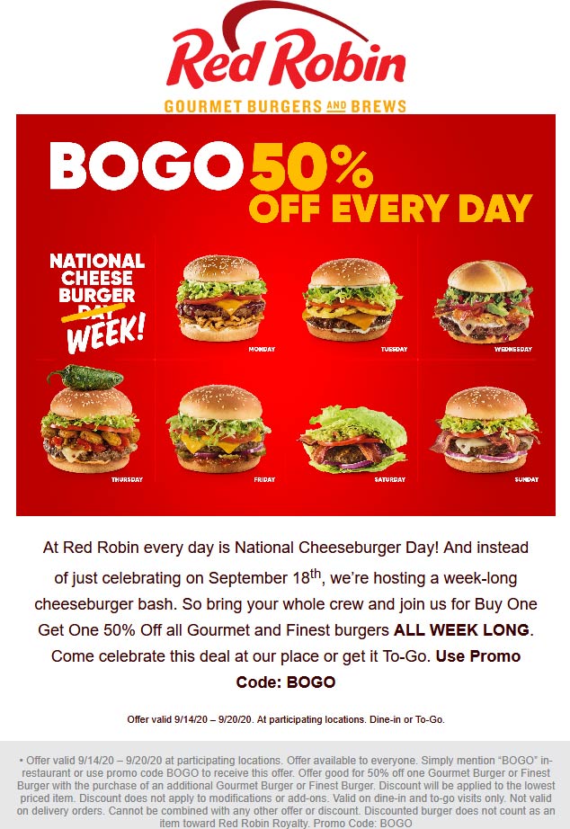 Red Robin restaurants Coupon  Second cheeseburger 50% off all week at Red Robin #redrobin 