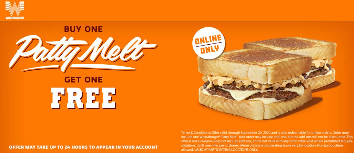 Whataburger restaurants Coupon  Second patty melt sandwich free at Whataburger #whataburger 