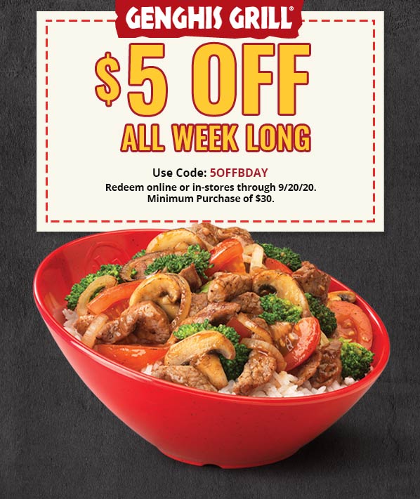 Genghis Grill restaurants Coupon  $5 off at Genghis Grill restaurants via promo code 5OFFBDAY #genghisgrill 