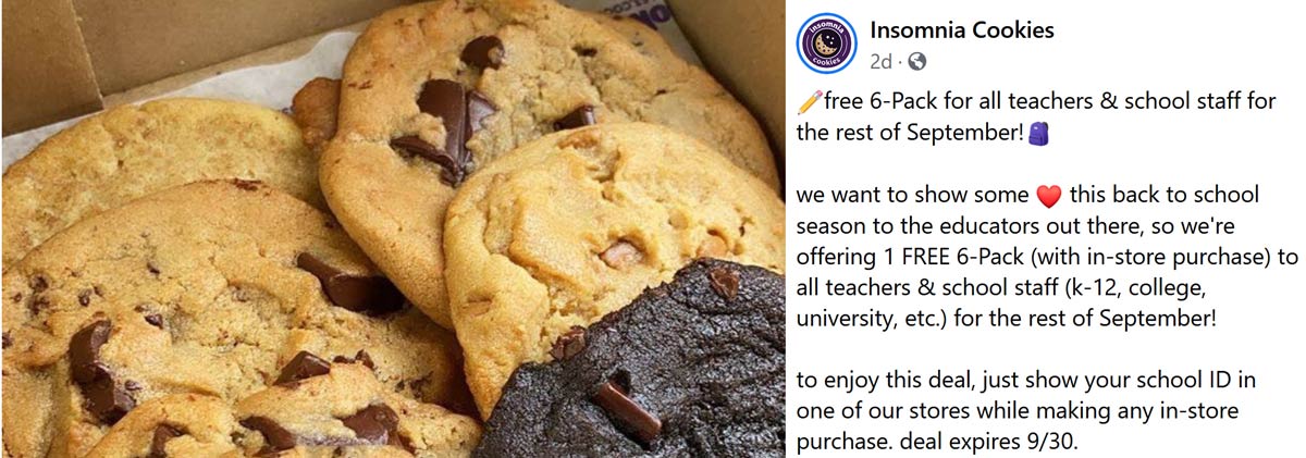 Insomnia Cookies stores Coupon  Free 6pk with any purchase for education staff at Insomnia Cookies #insomniacookies 