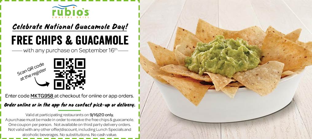Rubios restaurants Coupon  Free chips & guacamole with any order Wednesday at Rubios Coastal Grill #rubios 