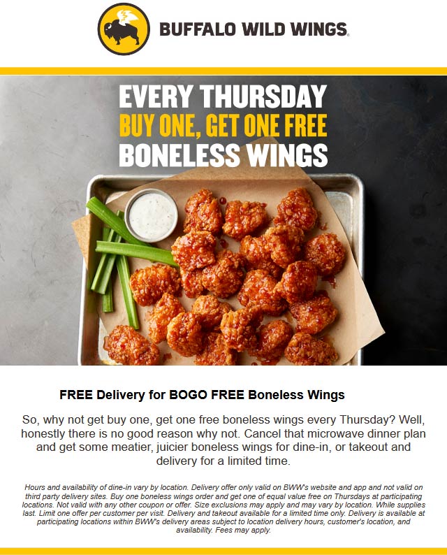 Buffalo Wild Wings restaurants Coupon  Second boneless chicken wings free + delivery free today at Buffalo Wild Wings #buffalowildwings 