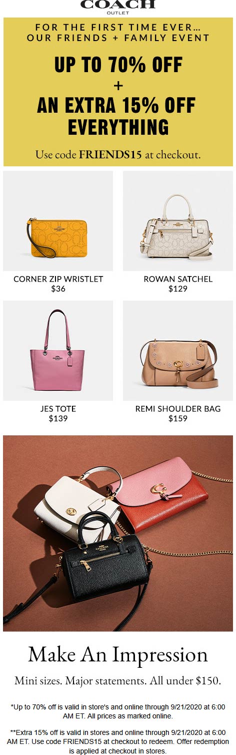Coach Outlet stores Coupon  Extra 15% off & more at Coach Outlet, or online via promo code FRIENDS15 #coachoutlet 