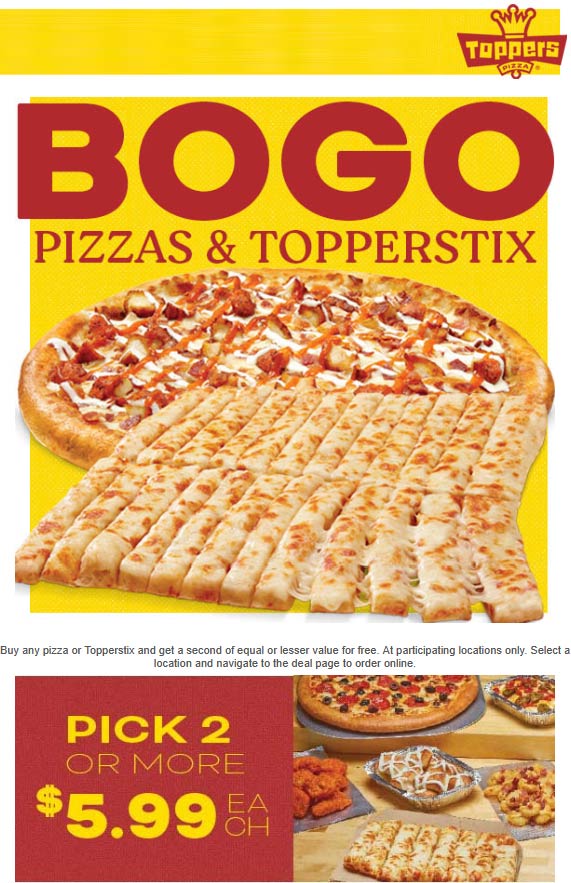 Toppers restaurants Coupon  Second pizza or Topperstix bread sticks free at Toppers #toppers 