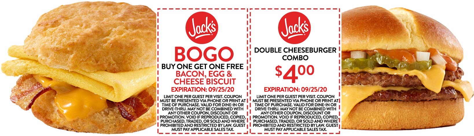 Jacks restaurants Coupon  Second bacon egg cheese biscuit free & $4 double cheeseburger meal at Jacks #jacks 