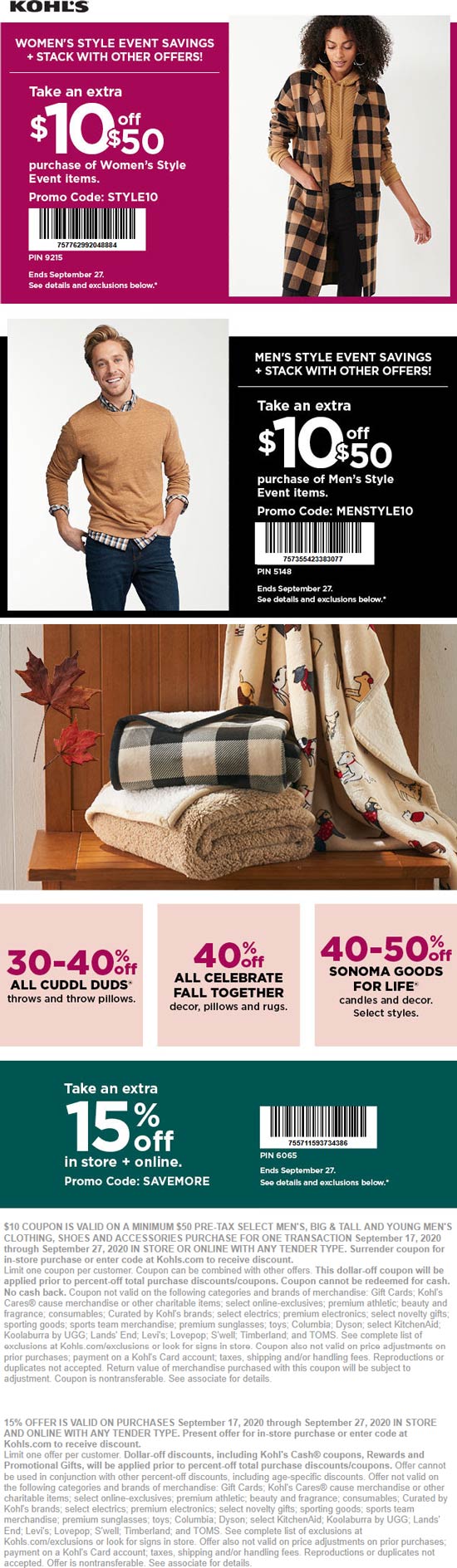Kohls stores Coupon  Extra 15% + stack another $10 off $50 at Kohls, or online via promo code SAVEMORE #kohls 
