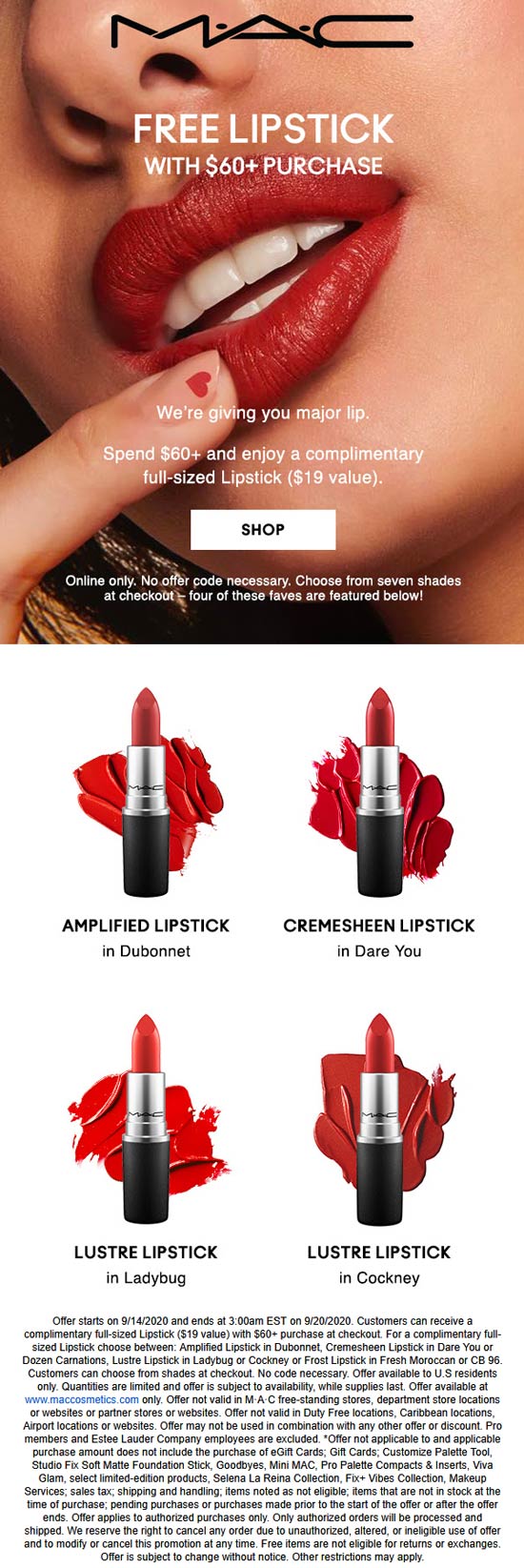 MAC stores Coupon  Free $19 lipstick with $60 spent online at MAC cosmetics #mac 