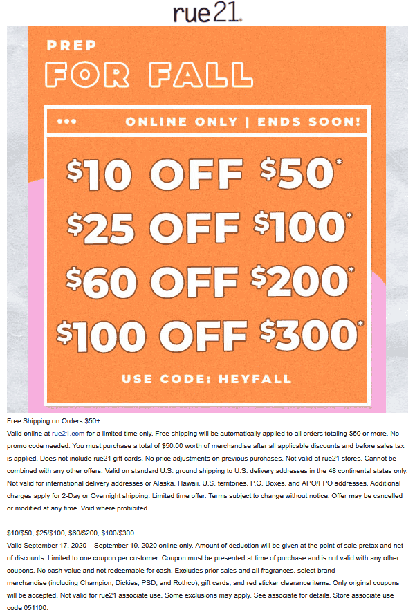 rue21 stores Coupon  $10 off $50 & more at rue21 via promo code HEYFALL #rue21 
