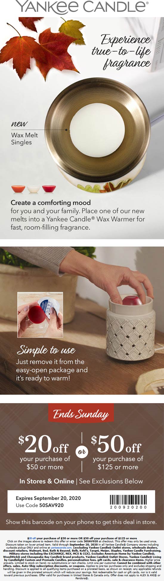Yankee Candle stores Coupon  $20 off $50 & more at Yankee Candle, or online via promo code 50SAV920 #yankeecandle 