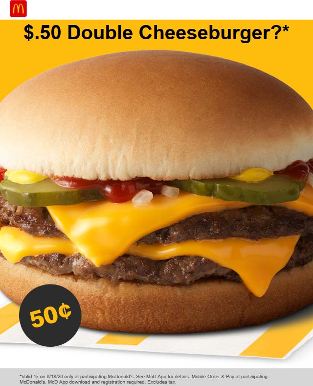 McDonalds restaurants Coupon  .50 cent double cheeseburger today at McDonalds via app orders #mcdonalds 