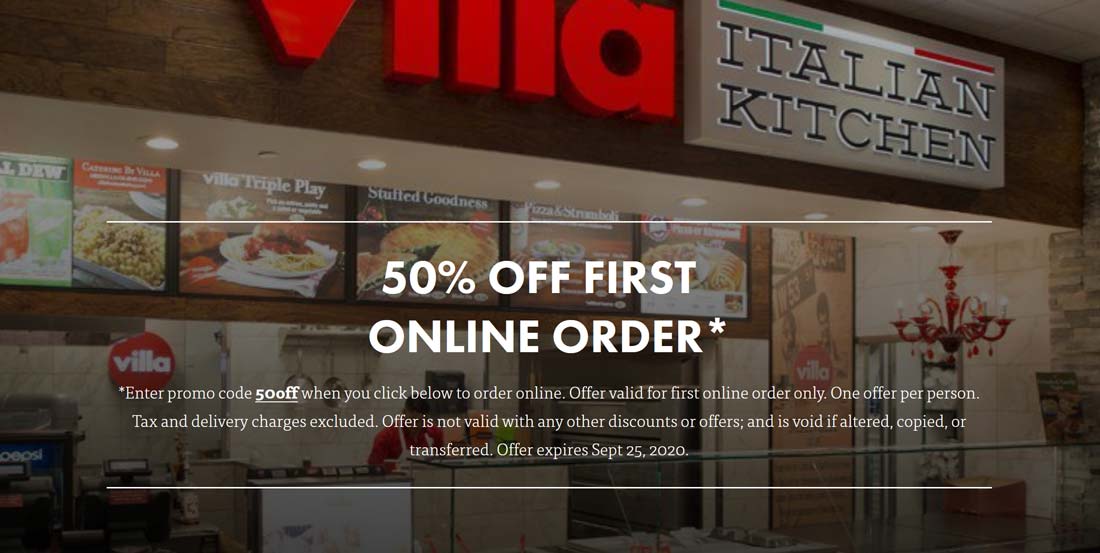 Villa Italian Kitchen restaurants Coupon  50% off online at Villa Italian Kitchen via promo code 50OFF #villaitaliankitchen 