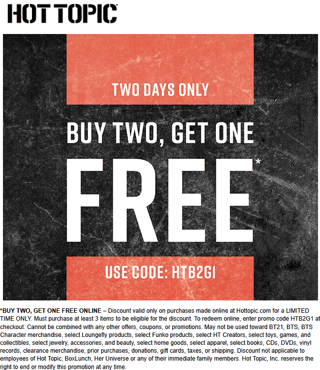 3rd Item Free At Hot Topic Via Promo Code HTB2G1 hottopic The 