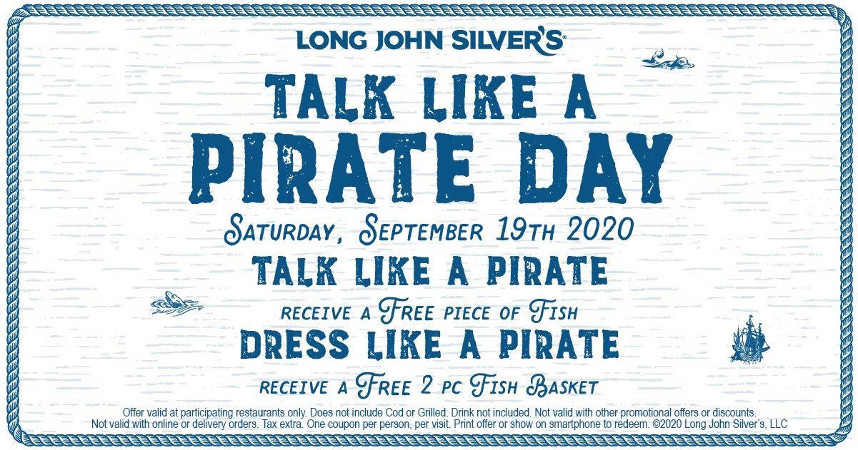 Long John Silvers restaurants Coupon  Free food for talking or dressing like a pirate today at Long John Silvers restaurants #longjohnsilvers 