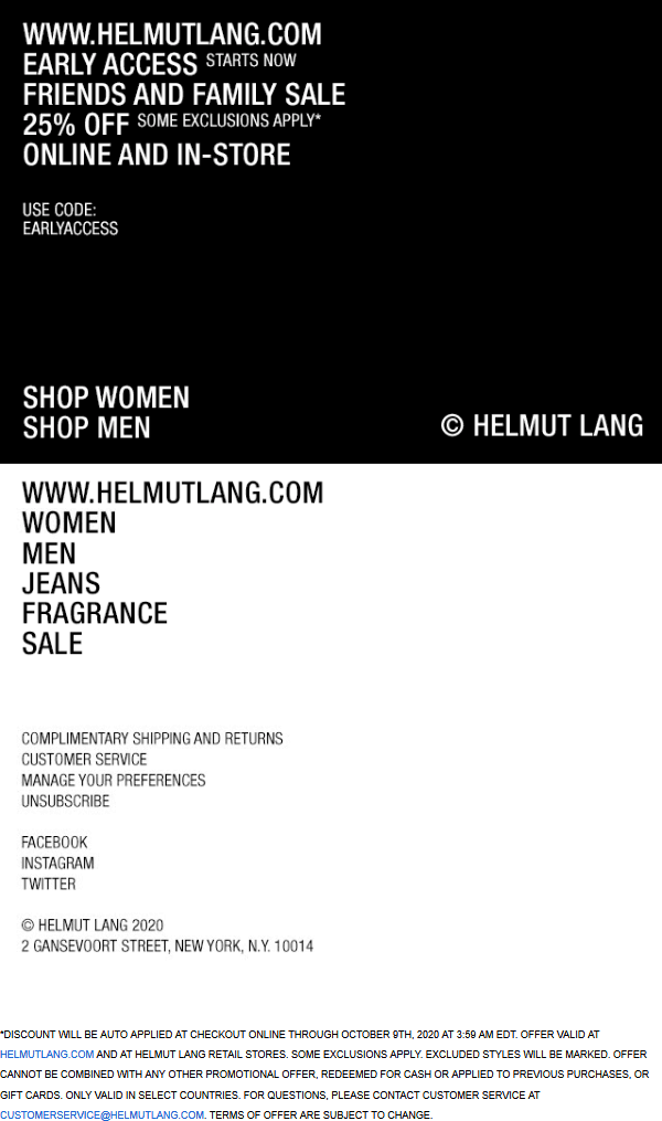 25 Off At Helmut Lang Or Online Via Promo Code EARLYACCESS 