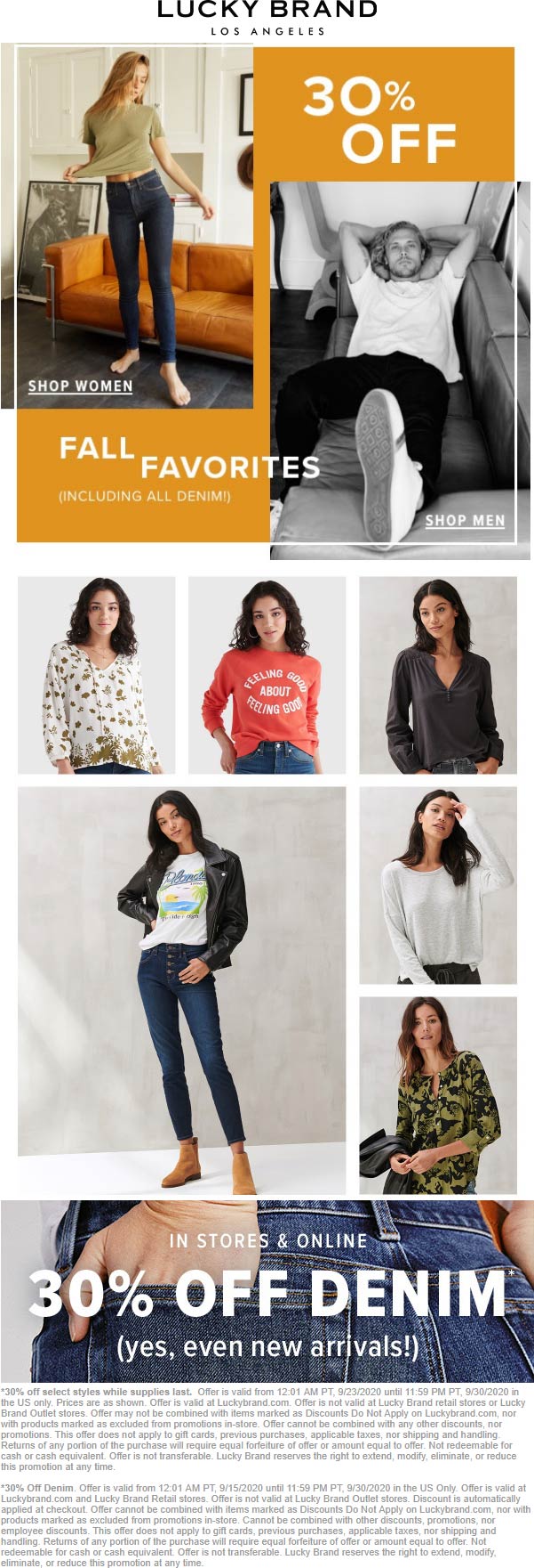 Lucky Brand stores Coupon  30% off denim & fall favorites online at Lucky Brand #luckybrand 