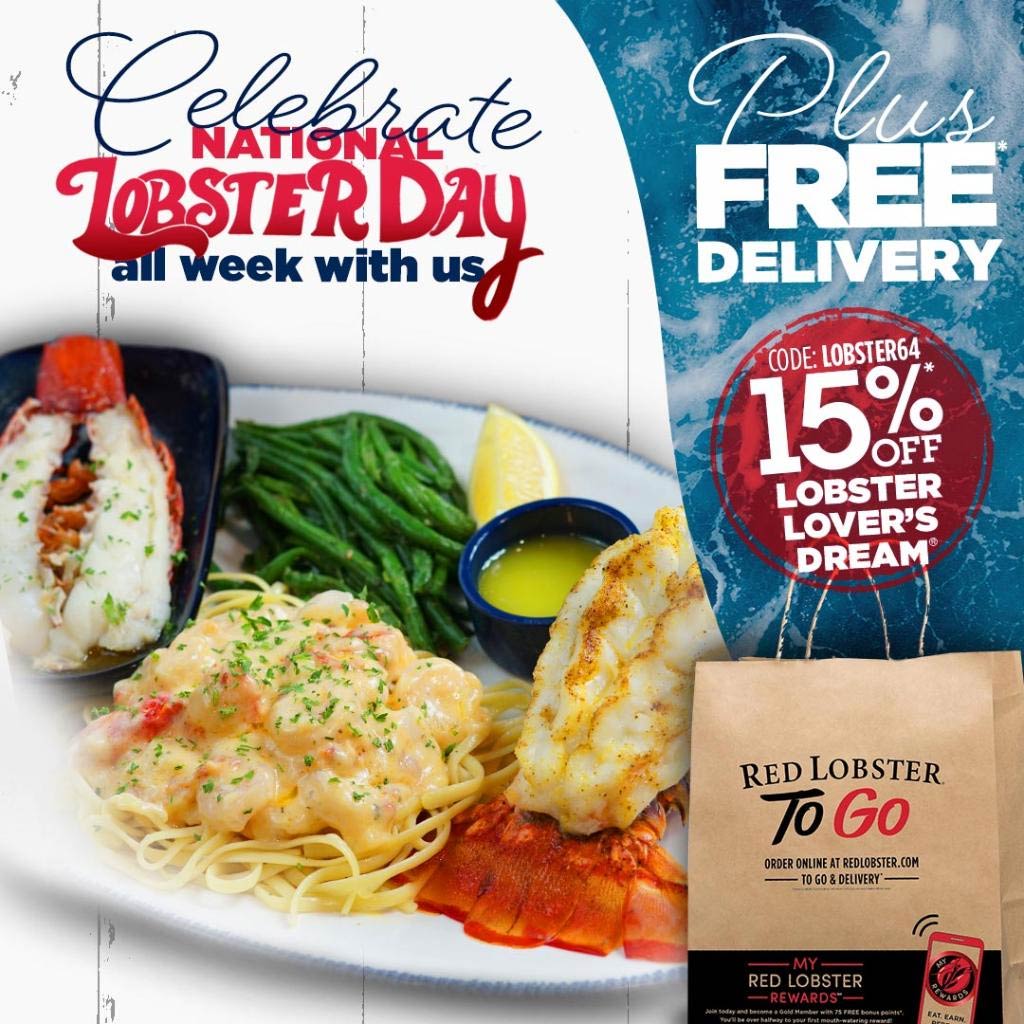 Red Lobster restaurants Coupon  15% off lobster lovers dream meal + free delivery at Red Lobster via promo code LOBSTER64 #redlobster 