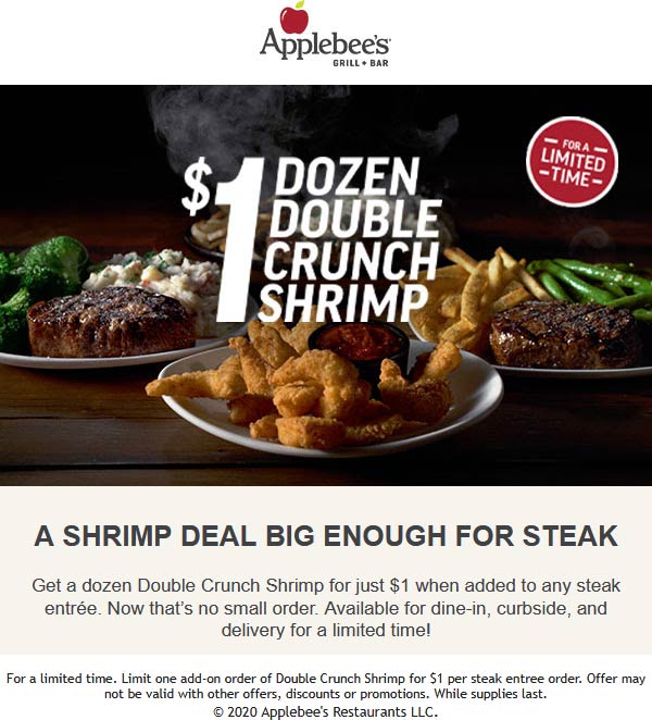 Applebees restaurants Coupon  Dozen double crunch shrimp for $1 with your steak at Applebees #applebees 