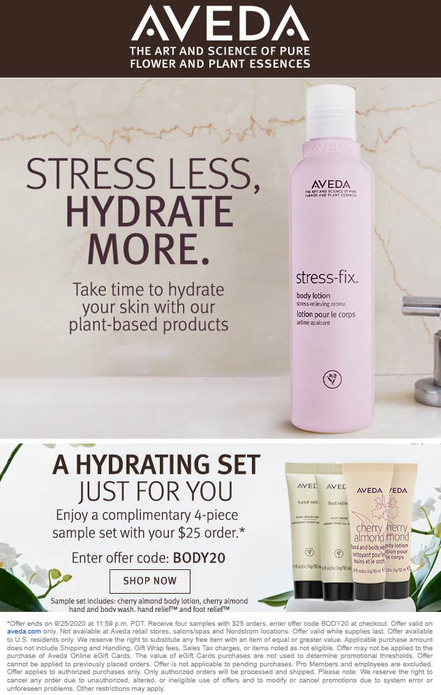 AVEDA stores Coupon  4pc set free with $25 spent at AVEDA via promo code BODY20 #aveda 