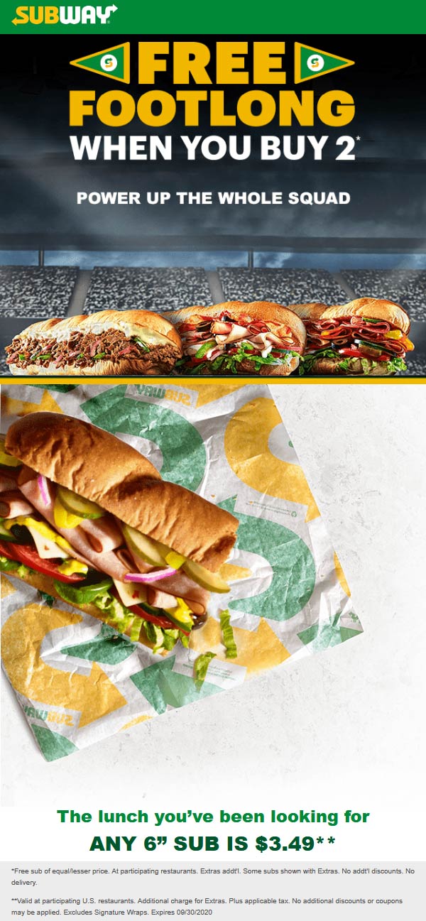 Subway restaurants Coupon  3rd footlong sub sandwich free at Subway, also $3.49 any 6 inch #subway 