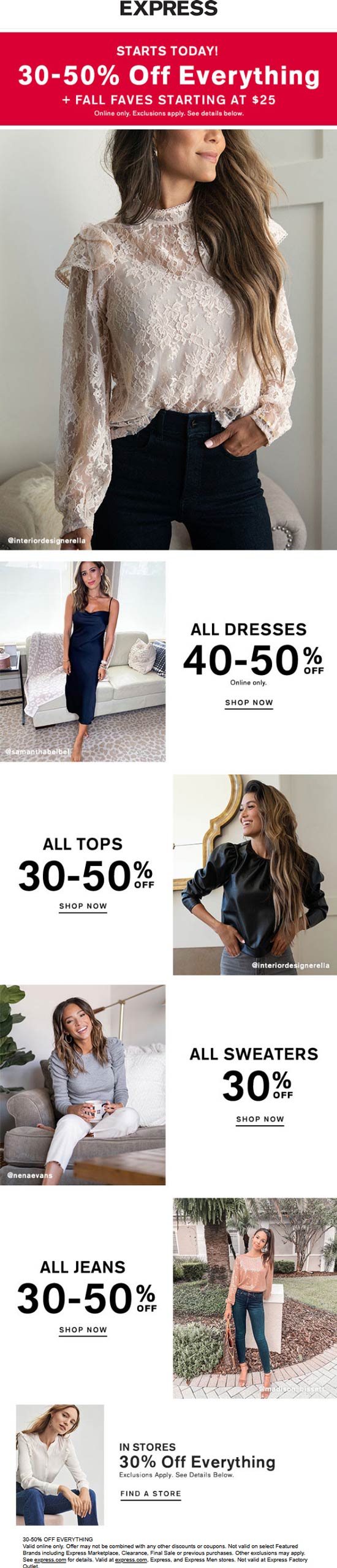 Express stores Coupon  30% off everything at Express, or 30-50% online #express 