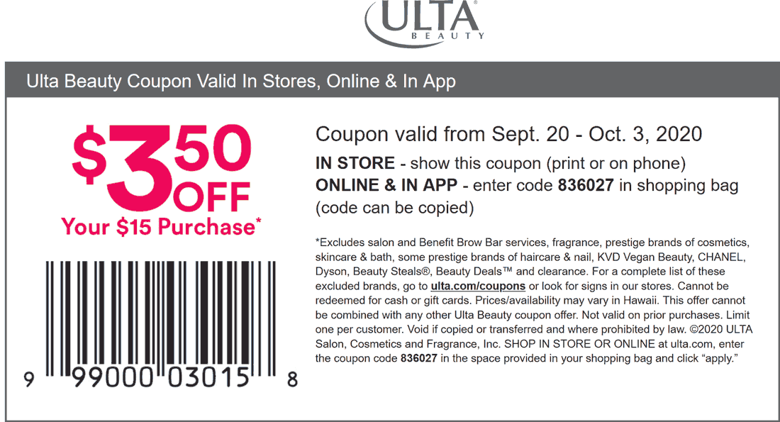 Ulta Beauty stores Coupon  $3.50 off $15 at Ulta Beauty, or online via promo code 836027 #ultabeauty 