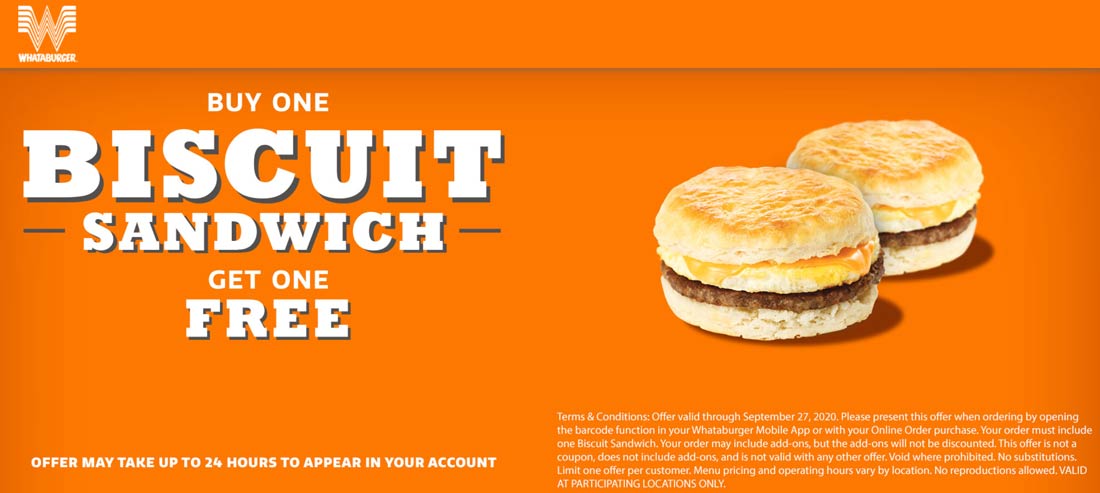 Whataburger restaurants Coupon  Second breakfast biscuit sandwich free at Whataburger #whataburger 