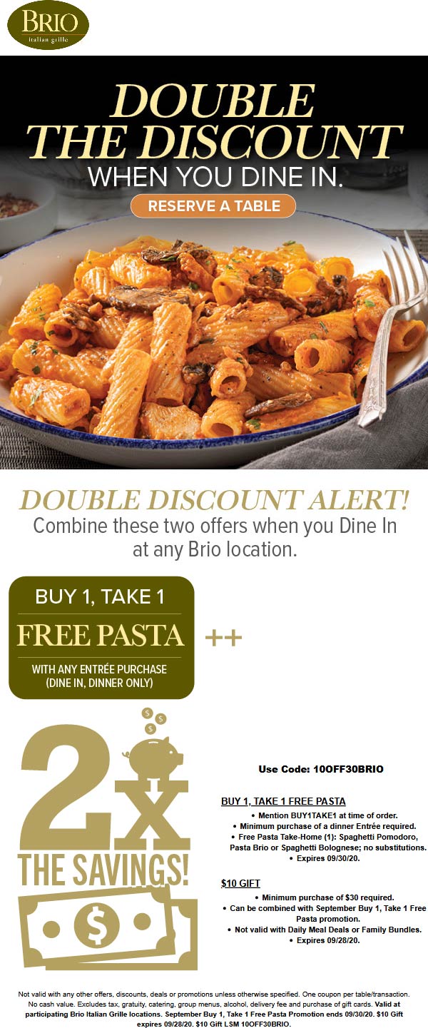 Brio restaurants Coupon  $10 off $30 + second pasta free at Brio restaurants via promo code 10OFF30BRIO #brio 