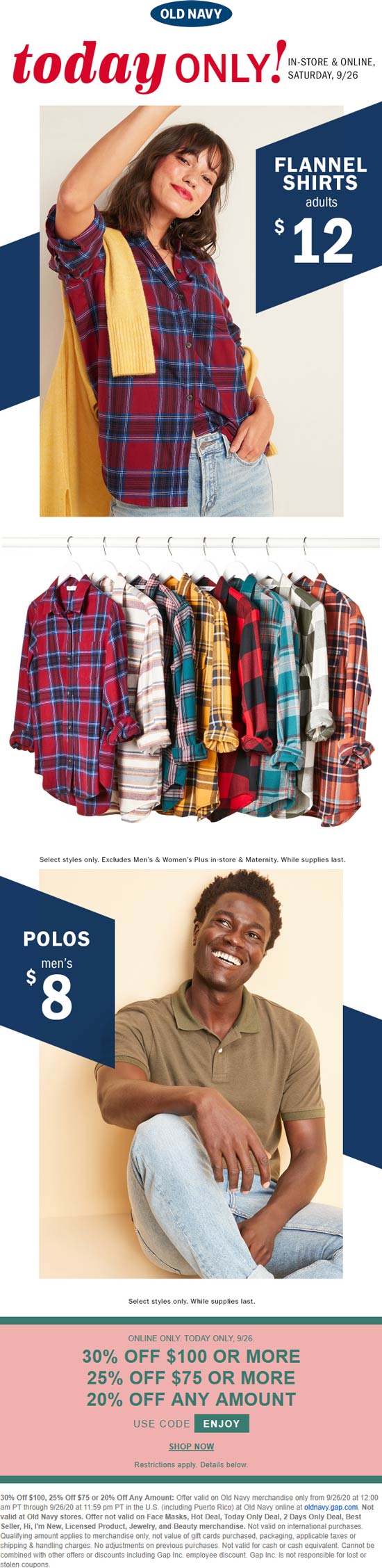 Old Navy stores Coupon  20-30% off & more today at Old Navy via promo code ENJOY #oldnavy 