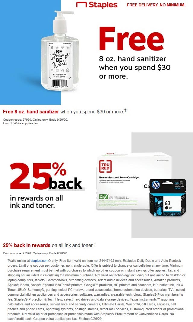Staples stores Coupon  Free hand sanitizer with $30 spent today online at Staples via promo code 27950 #staples 
