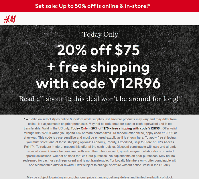 H&M stores Coupon  20% off $75 today at H&M via promo code Y12R96 #hm 