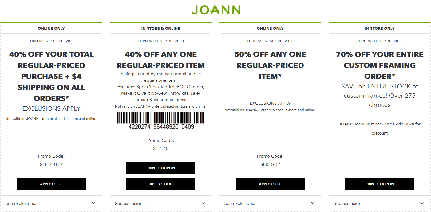 40 off a single item & more at Joann, or online via promo code SEPT40