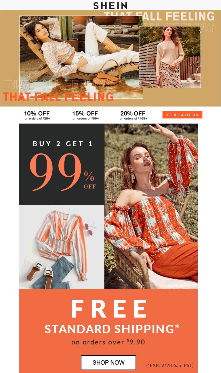 SHEIN stores Coupon  10-20% off + 3rd item 99% off at SHEIN via promo code FALLFEELS #shein 