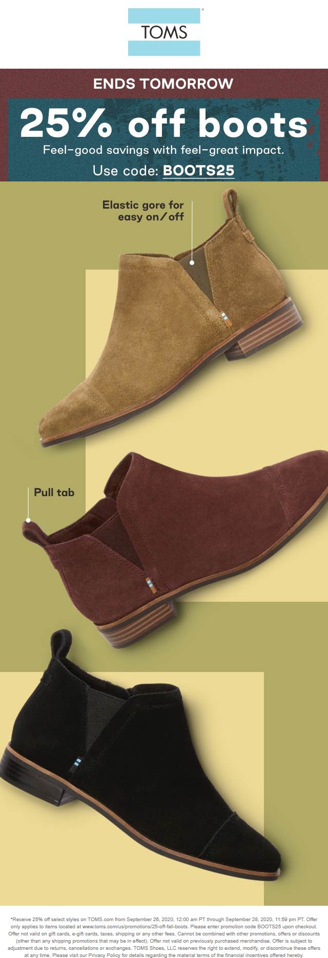 TOMS stores Coupon  25% off boots at TOMS via promo code BOOTS25 #toms 