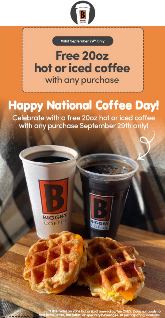 Biggby Coffee restaurants Coupon  Free hot or iced coffee with any purchase Tuesday at Biggby Coffee #biggbycoffee 