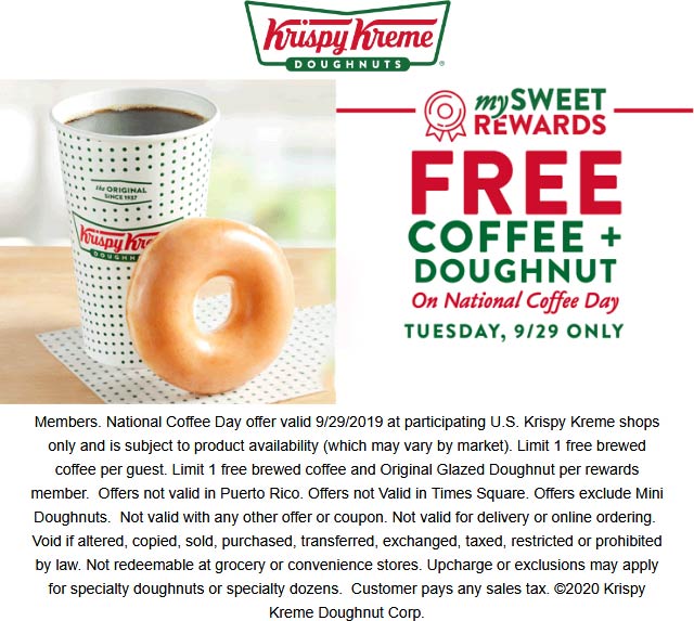 Free coffee + doughnut for rewards members Tuesday at Krispy Kreme 