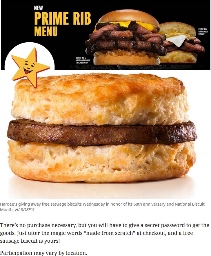 Hardees restaurants Coupon  Free sausage breakfast biscuit Wednesday at Hardees #hardees 
