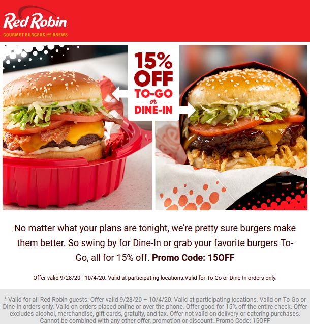 15% off at Red Robin restaurants via promo code 15OFF #redrobin | The Coupons App®